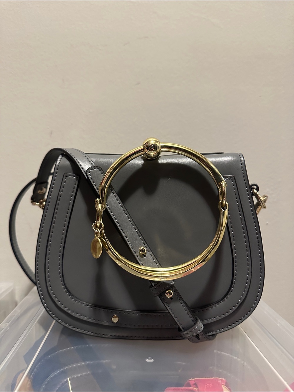 Grey Women's Saddle Crossbody Bag with Gold Ring Accent
